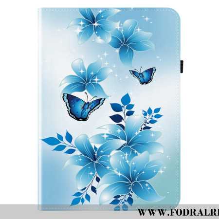 Fodral För Samsung Galaxy Tab S11 Fjärilar Och Blå Blommor