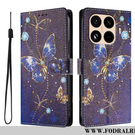 Fodral För Xiaomi 15t Pro Guldfärgade Och Blå Fjärilar
