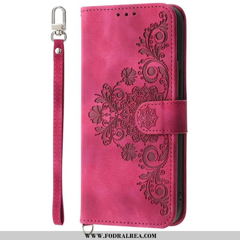 Fodral Xiaomi 15 Pro Blommönster Med Mockaeffekt Rem Och Axelrem