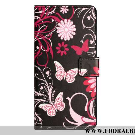 Läderfodral Samsung Galaxy S25 Fe Telefonfodral Fjärilar På Svart Bakgrund