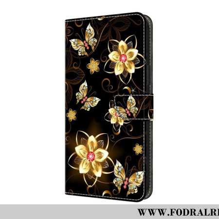 Läderfodral Samsung Galaxy S25 Fe Telefonfodral Gyllene Blommor Och Fjärilar