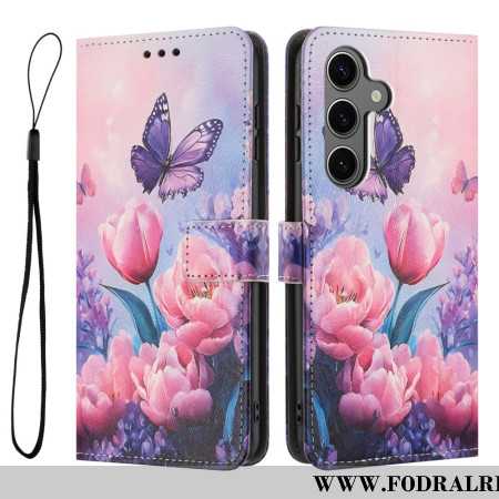 Läderfodral Samsung Galaxy S26 Telefonfodral Fjäril Och Rosa Blommor